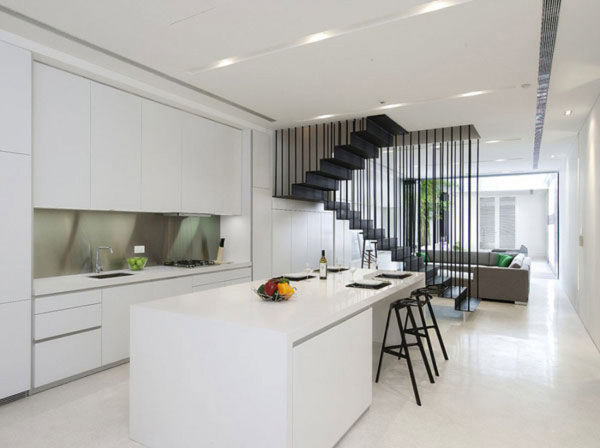 Furniture,Enthralling White Themed Minimal Kitchen Design Ideas With Amazing White Kitchen Cabinet And Cool White Kitchen Island Plus Comfortable Black Bar Stools Also Wonderful Black Stairway,Plush Minimal Kitchen Design Ideas