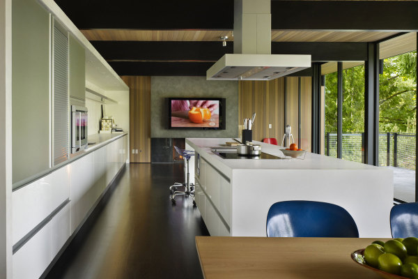 Furniture,Good Looking Large Space Minimal Kitchen Design Ideas With Beautiful White Kitchen Island On Combined Gorgeous Black Floor And Modern Bar Stools Also Wonderful Large Cooker Hood Plus Nice Bright Wood Linen Ceiling,Plush Minimal Kitchen Design Ideas