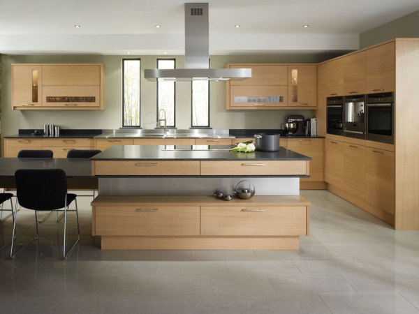 Furniture,Admirable Beautiful Contemporary Kitchen Design Ideas With Marvelous Natural Oak Venner Kitchen Cabinet And Nice Stainless Cooker Hood Also Wonderful Kitchen Island On Combined Stainless Countertop Plus Gorgeous White Ceramic Floor,Beautiful Contemporary Kitchens
