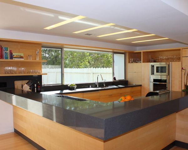 Furniture,Gorgeous Beautiful Contemporary Kitchen Design Inspiration With Charming Wood Venner Kitchen Cabinet And Nice Bookshelf Also Stylish Gray Curved Granite Countertop ,Beautiful Contemporary Kitchens