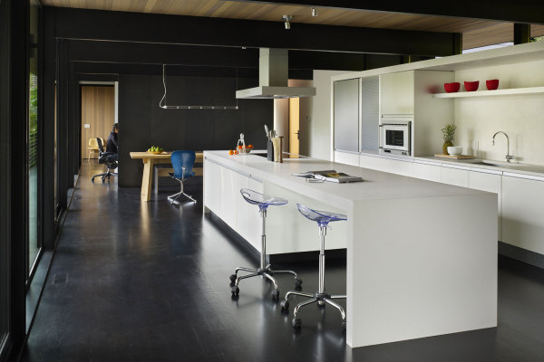 Furniture,Amazing Black Wall Paint Minimal Kitchen Design Inspiration With Wonderful White Kitchen Cabinet And Cool White Kitchen Island Plus Modern Wheels Bar Stools Also Comfortable Breakfast Nook,Plush Minimal Kitchen Design Ideas