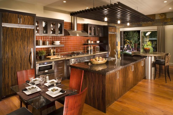 Furniture,Marvelous Large Space Design For Kitchen Island With Stylish Hardwood Kitchen Island Combined Modern Black Marble Countertop And Cool Sqaure Glass Dining Table Plus Comfortable Dining Chairs In Nice Black Brown Color Also Trendy Brown Wood Floor,Simple But Impressive Designs For Kitchen Islands