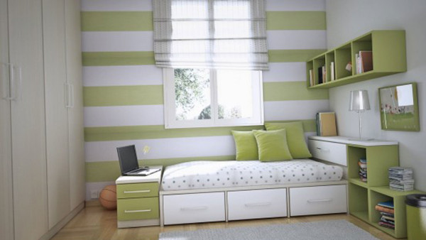 Bedroom,Marvelous Green White Striped Background Room For Girls Design With Fabulous Day Bed Combined Cool Three Under Drawers Bed And Minimalist Book Storage Also Gorgeous Green Floating Open Bookshelf,Cool Amazing Rooms For Girls