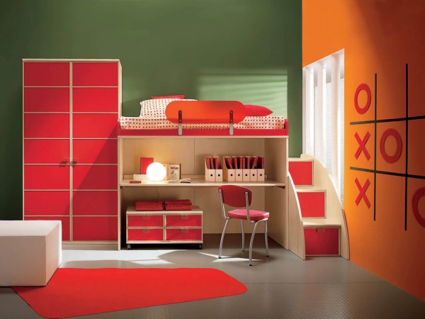 Bedroom,Breathtaking Green Mixed Orage Wall Color For Small Room Design With Beautiful Underneath Study Space And Comfortable Red Bed Also Cool Red Wardrobe Plus Nice Gray Tile Floor ,Cool Wall Colors For Small Rooms