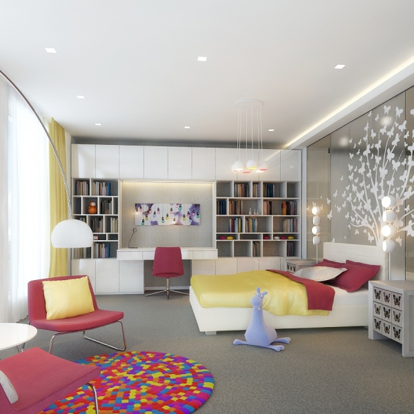 Bedroom,Dazzling Contemporary Bedroom Design Ideas With Comfortable White Low Profile Bed On Combined Fancy Red Yellow Blanket And Cool Awesome Large Bookcase Also Beautiful Colorful Round Rug,Relaxed Plan Contemporary Bedroom