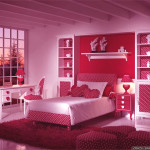 Bedroom,Amazing Room For Teenage Girl Decoration With Marvelous Pink Red Polcadot Bed On The Maroon Fur Rug And Cute Pink Red Shelves Also Gorgeous White Wood Study Table In The White Floor,Contemporary Small Rooms For Teenage Girls To Bedroom
