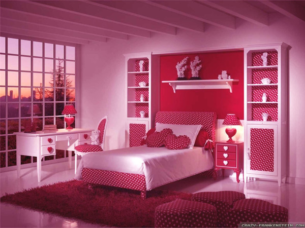 Bedroom,Amazing Room For Teenage Girl Decoration With Marvelous Pink Red Polcadot Bed On The Maroon Fur Rug And Cute Pink Red Shelves Also Gorgeous White Wood Study Table In The White Floor,Contemporary Small Rooms For Teenage Girls To Bedroom