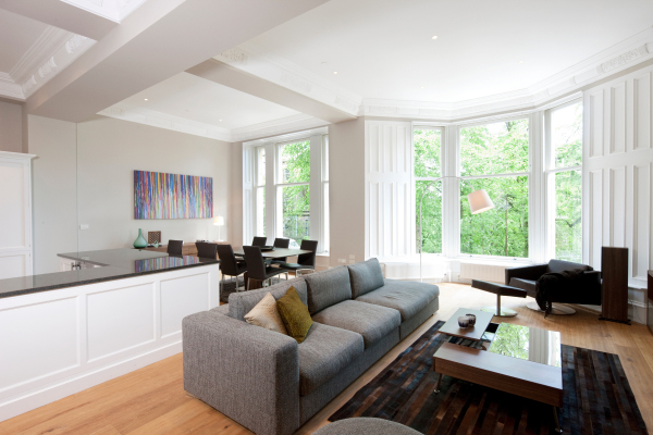 Furniture,Exquisite Open Kitchen Floor Plan Decoration With Wonderful Breakfast Nook And Comfortable Gray Sectional Sofa Also Cool Brown Square Tuscan Side Table On Combined Black Area Rug Plus Beautiful Great Glass Windows ,Awesome Open Kitchen Floor Plans Design