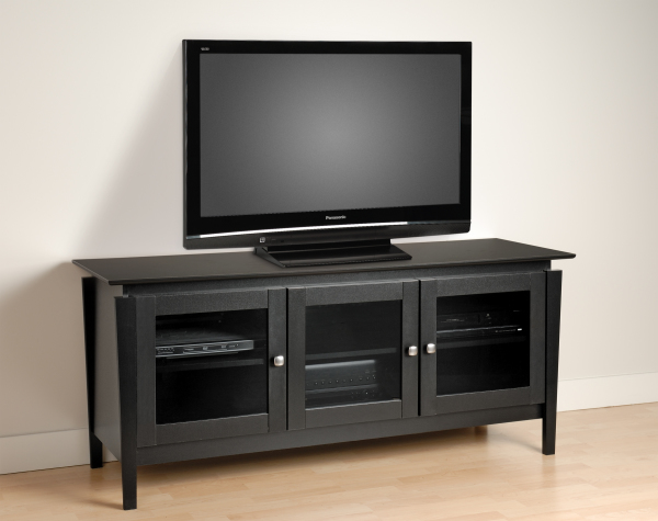 Furniture,Adorable White Wall Paint Flat Screen Tv Wall Design Inspiration With Amazing Black Entertainment Center Plus Cool Clear Glass Doors And Black Tv Stand Also Trendy Bright Laminate Flooring ,Stunningly Beautiful And Modern Flat Screen Tv Wall Designs