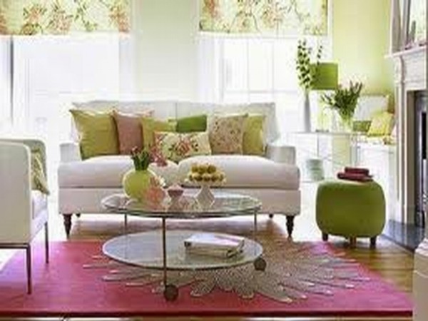 Furniture,Astounding Interior House Design Picture With Awesome White Fabric Two Seater Sofa On Combined Soft Colorful Cushions And Cool Wheele Round Table Also Soft Green Ottoman,Picturesque Interior House Design Pictures 2015