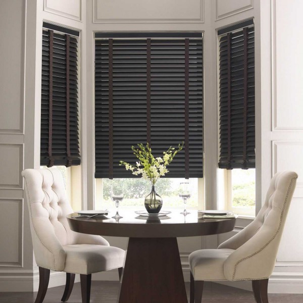 Interior,Impressive Black Round Table And Beautiful Arrangement Floral Also Cozy White Chair With New Model Black Custom Wood Blind Design Ideas For Dining Room,Dazzling Custom Wood Blinds Ideas