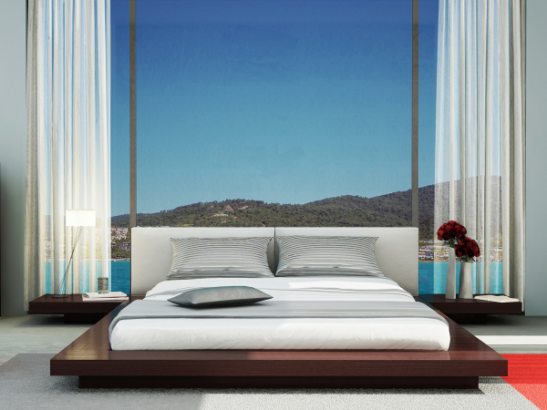 Bedroom,Charming Floating Bed Design Ideas On Combined Brown Bed Frame With Comfortable White Mattress And Wonderful Two Wood Nightstand Table Also Extra Large Glass Window On Combined White Curtains,Pleasured Floating Bed Ideas