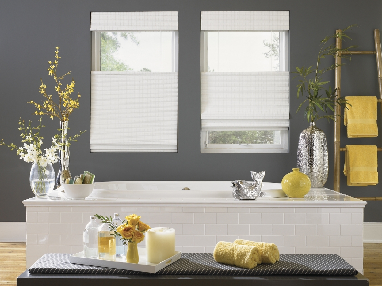 Interior,Georgeous Top Down Bottom Up Wood Blind Design Ideas On Combined Trend White Color Also Modern White Bathtub And Nice Arrangement Floral For Modern Bathroom,Top Down Bottom Up Wood Blinds Decoration