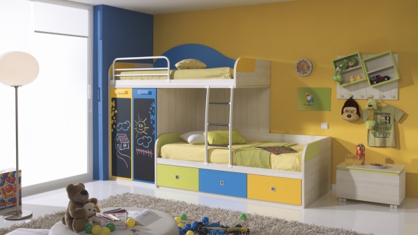 Bedroom,Cool Awesome DIY Tutorial Bunk Bed Design Ideas With Nice White Bedside Table And Modern Steinless Steel Stand Lamp Also Comfortable Play Space For Kids Bedroom,Modern Bunk Bed For Kids Bedroom Designs