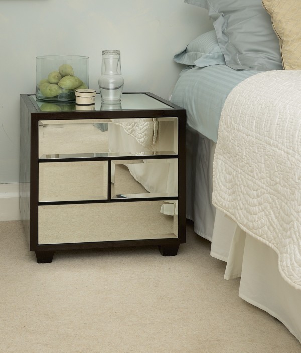 Bedroom,Adorable Light Blue Wall Paint Bedside Table Alternative Design With Gorgeous Cherry Wood Bedside Table Frame And Cool Vintage Mirrored Drawer Bedside Table Also Extra Large Cream Carpet For Bedroom,Creative Bedside Table Alternatives For Bedroom Designs