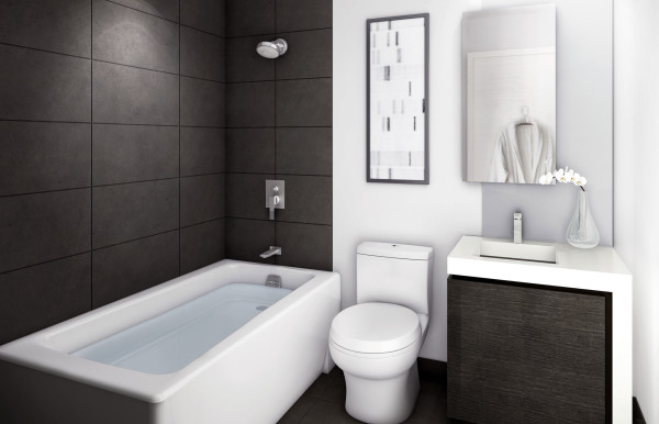 Bathroom,Good Looking Small Bathroom Design Idea With Modern Black White Bathroom Vanity Plus Nice Vertical Wall Mirror And Comfortable White Ceramic Freestanding Bathtub Also Cool White Ceramic Toilet,The Best Beautiful And Small Bathroom Design Ideas