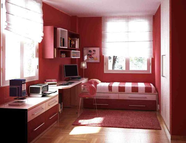 Bedroom,Fascinating Red Themed Decoration Ideas Bedroom With Cool Low Profile Bed On Combined Beautiful Red White Striped Bedding Plus Under Drawers Bed And Cozy Study Space Also Good Open Bookshlef For Teenage Bedroom ,Inexpensive Decorating Ideas For Bedrooms