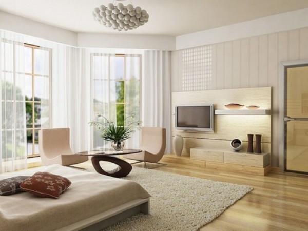 Furniture,Nice Looking Home Interior Design Ideas With Amazing White Wood Platfrom Bed On Combined Comfortable Beige Bed Cover And Unique Beige Curved Shape Chairs Plus Nice Round Glass Table Also Soft White Rug Using Extra Large White Transparent Curtains,Best Home Interior Design Ideas 2015