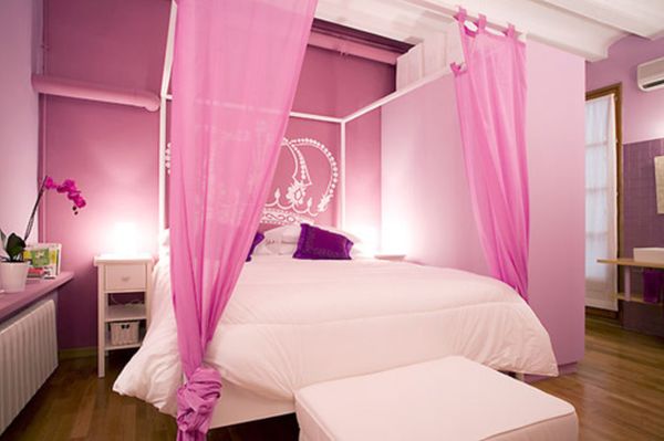 Bedroom,Enthralling Pink Room Painting Room Ideas With Beautiful Canopy Bed On Combined Soft Pink Curtains And Comfortable White Bed Cover Plus Cozy White Cushion Ottoman Also Wonderful Brown Wood Floor For Tropical Concept,Trendy Cute Room Painting Ideas