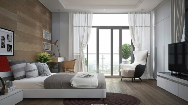 Bedroom,Extraordinary Contemporary Bedroom Design Ideas With Cozy White Low Profile Bed And Comfortable Workspace Also Soft White Bed Chair On Combined Wood Floor,Relaxed Plan Contemporary Bedroom