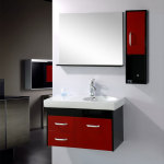 Bathroom,Admirable White Wall Bath Design Ideas With Modern Red Mixed Black Maple Wood Sink And Cool Chrome Single Bathroom Faucet Also Wonderful Wall Mirror ,Admirable Bath Designs To Your Bathroom 