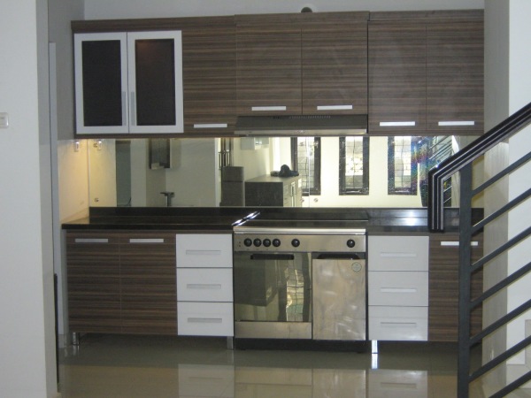Furniture,Enchanting Minimal Kitchen Design Ideas With Nice Bamboo Veneer Kitchen Cabinet Plus Cool Glass Backsplash And Nice Clear Glass Door Also Gorgeous Black Iron Stairway,Plush Minimal Kitchen Design Ideas