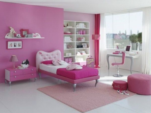 Bedroom,Adorable Pink Wall Paint Tween Room Decoration With Pretty Single Bed In Pink Bed Frame On Combined Soft Pink Rug And Nice Pink Rectangular Nightstand Table Also Comfortable Study Space Plus Extra Tall Open Shelves ,Cool Awesome Tween Rooms Design Ideas