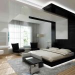 Bedroom,Admirable White Black Wall Painted Modern Bedroom Color Scheme Design Ideas With Adorable Black Platform Bed On Combined Beautiful White Led And Cozy Two Black Fabric Single Seater Also Comfortable Black White Small Lounge Sofa Plus Cool Bright Wood Floor,Modern Bedroom Color Schemes
