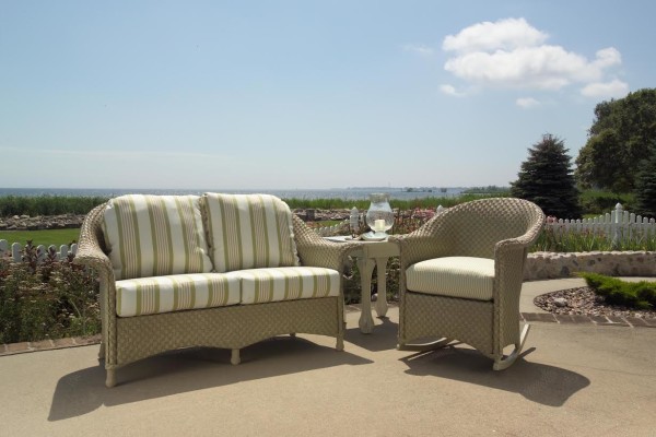 Exterior,Exquisite Summer House Furnishings LIoyd Flanders Furniture Design With Comfortable Cushioned Lovesea And Cozy Rocking Chair Also Beautiful Square White Table,Exquisite Outdoor By Lloyd Flanders Furniture