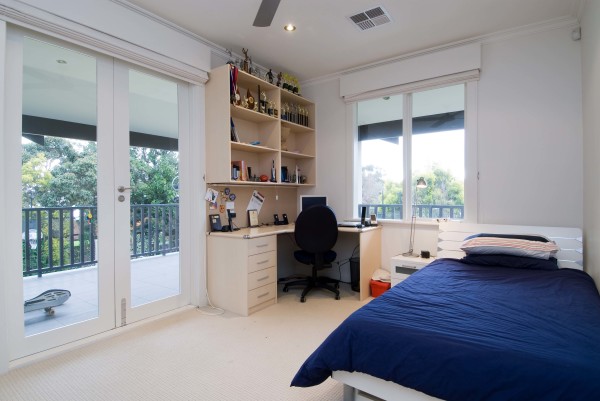 Bedroom,Stunning White Wall Paint Bedroom Design For Guy With Gorgeous Blue Bedding And Style Corner Study Space Also Beautiful Glass Windows Plus Wonderful Glass Clear Doors ,Cool Bedroom Designs For Guys