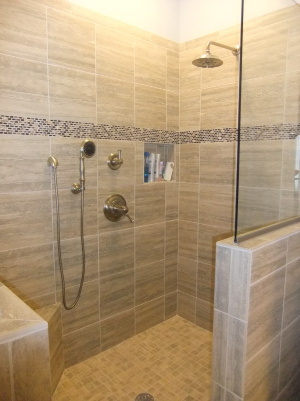 Bathroom,Stunning Small Space Stone Bathroom Design Ideas With Charming Cream Granite Tile Wall Panel And Modern Chrome Shower Head Also Cool Cream Ceramic Tile Floor,Natural Stone Bathroom Designs