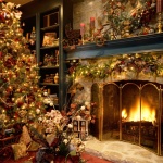 Furniture,Amazing Indoor Christmas Tree Design Ideas With Charming Xmas Tree Lights In Cream Color And Beautiful Golden Ball Oranaments Plus Gorgeous Having Red Series Ribbon Flowers Also Wonderful Fireplace,Most Beautiful Christmas Tree