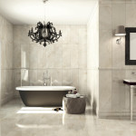 Bathroom,Exquisite Large Space Bathroom 2011 Design Ideas With Modern Black White Ceramic Freestanding Bathtub And Beautiful Free Standing Bathroom Sink Plus Wonderful Black Vertical Wall Mirror Also Elegant Black Chandelier,Perfect Bathrooms 2011 Design Modern