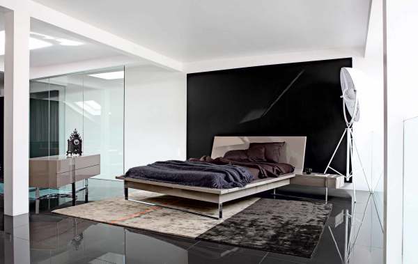 Bedroom,Fabulous Modern Bedroom Color Scheme Design Inspiration With Beautiful Black White Wall Painted And Cool Bright Platform Bed On Combined Metal Chrome Base Also Gorgeous Beige Black Rug Plus Amazing Gray Ceramic Floor,Modern Bedroom Color Schemes