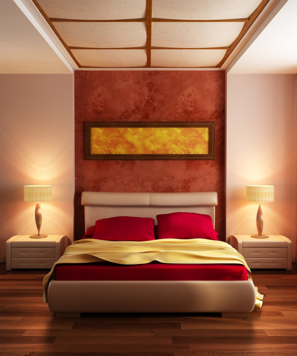 Bedroom,Charming Modern Bedroom Color Scheme Design Inspiration With Beautiful Platform Bed On Combined Gorgeous Cream Leather Bed Frame And Soft Red Mattress Also Wonderful Double Nightstand Table Plus Cool Brown Wood Laminate Floor ,Modern Bedroom Color Schemes