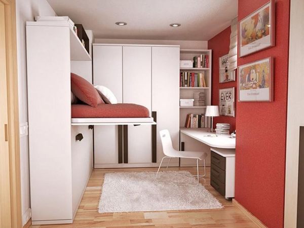 Bedroom,Exquisite Red Wall Paint Tween Room Design Inspiration With Comfortable Floating Bed On Combined Gorgeous Red Mattress And Cool White Extra Tall Wardrobe Also Cozy Corner Study Space Plus Soft White Fur Rug ,Cool Awesome Tween Rooms Design Ideas