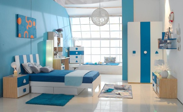 Bedroom,Adorable Blue White Scheme Kids Bedroom Design Inspiration With Wonderful White Bed Frame On Combined White Trundle Bed And Cozy Blue Mattress Also Cozy Study Space ,Delight Kids Bedroom Design