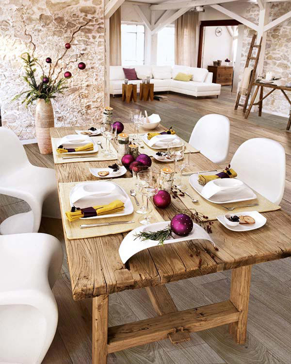 Dining Room,Exquisite Large Space Christmas Dinner Table Decoration With Adorable Bright Wood Dining Table Plus Beautiful Cream Table Cloth And Unique White Dining Chairs Also Comfortable White Sectional Sofa For Vintage Concept,Sweet Romantic Christmas Dinner Table Decorations