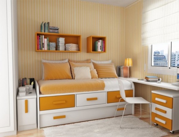 Bedroom,Enchanting Smart Bedroom Design With Style Trundle Bed On Combined White Orange Color And Wonderful Orange Bookshelf Also Comfortable Study Space For Kids,Modern Smart Bedroom Design To Comfort Sleeping
