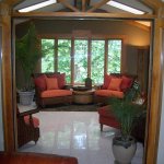 Interior,Classic Sunroom Design With Indoor Plant Decoration Ideas And Comfortable Brown Rattan Chairs In Red Padded Seat Also Beautiful White Ceramic Floor For Living Room ,Indoor Plant Decoration Ideas