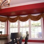 Interior,Stunning Brown Glossy Large Window Curtain Ideas With Beautiful White Wood Window Frame And Cool Dakr Brown Wood Dining Table Also Cozy Dark Brown Wood Dining Chairs,Good Large Window Curtain Ideas