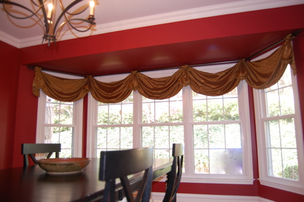 Interior,Stunning Brown Glossy Large Window Curtain Ideas With Beautiful White Wood Window Frame And Cool Dakr Brown Wood Dining Table Also Cozy Dark Brown Wood Dining Chairs,Good Large Window Curtain Ideas