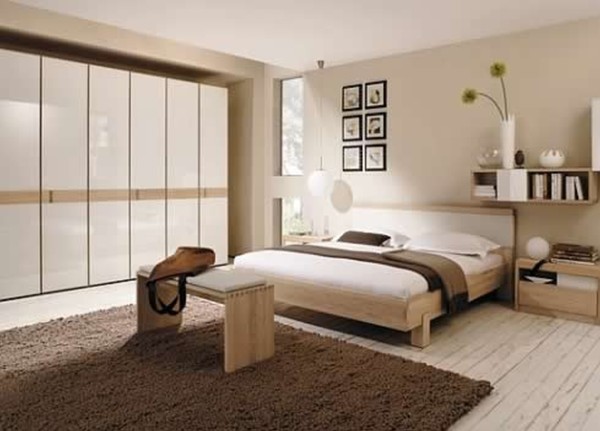 Bedroom,Retro Large Space Really Cool Bedroom Design Ideas With Awesome Bight Brown Wood Bed Frame On Combined Comfortable White Bed Sheet And Nice White Bench Plus Soft Large Brown Rug Also Gorgeous Wall Mounted Bright Brown Bookshelf,Really Cool Bedrooms Designed With A High Comfort Level