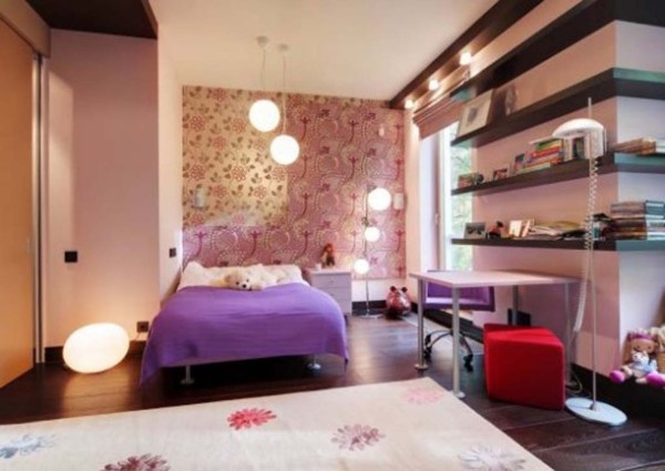 Bedroom,Astounding White Ceiling Girl Bedroom Design Ideas With Soft White Purple Bed Cover On Combined Nice Stainless Legs And Beautiful Dark Wood Wall Mounted Bookshelves Also Exquisite Dark Wood Linen Floor,Glamorous Luxurious Girls Bedroom Designs