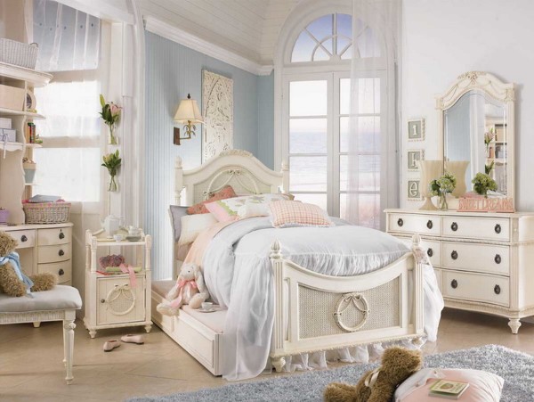 Bedroom,Fascinating Small Space Girl Bedroom Design Ideas With Wonderful White Wood Trundle Bed On Combined Comfortable Light Blue Fabric Bed Cover And Splendid White Wood Vanity Table Plus Cool White Wood Study Table Plus Cozy Light Blue Fur Rug,Glamorous Luxurious Girls Bedroom Designs