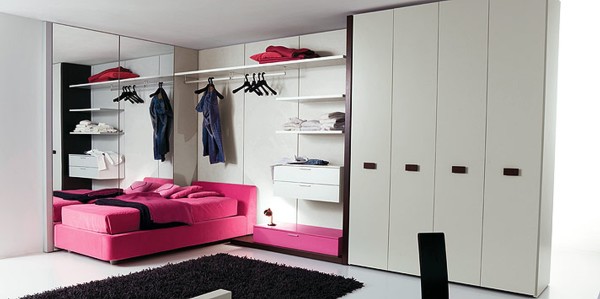 Bedroom,Breathtaking White Wall Paint Bedroom Ideas For Girls With Extraordinary Pink Leather Bed Frame On Combined Comfortable Pink Bed Sheet And Beautiful White Black Wardrobe Also Soft Black Fur Rug For Modern Concept,Fresh Bedroom Ideas For Girls