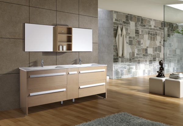 Bathroom,Traditional Contemporary Large Space Bathroom Vanity Ideas With Stunning Bright Wood Vanity Cabinet On Combined Beautiful White Ceramic Double Washbasin Plus Nice Chrome Bathroom Faucets And Wonderful Wall Mirrors Also Trendy Brown Linen Wood Floor,Contemporary Bathroom Vanity Ideas