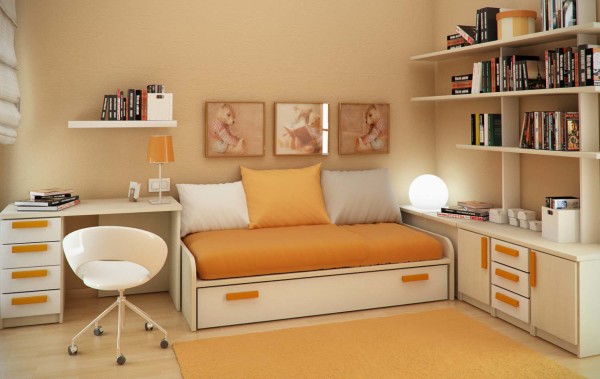 Bedroom,Exceptional Design A Room With Nice Day Bed In White Bed Frame On Combined Comfortable Orange Bed Sheet And Wonderful White Wood Study Table Plus Stylish Wheels White Chair Also Beautiful Wall Mount Bookshelf Using Beige Wall Paint,Design A Rooms Latest