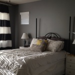 Bedroom,Impressive Modern Bedroom Color Scheme Design Ideas With Charming White Queen Bed And Beautiful White Japanese Sheet Also Cool Double White Wood Nightstand Table On Combined Nice Two Desk Lamp Plus Wonderful Black White Stripe Curtain For Warm Concept,Modern Bedroom Color Schemes