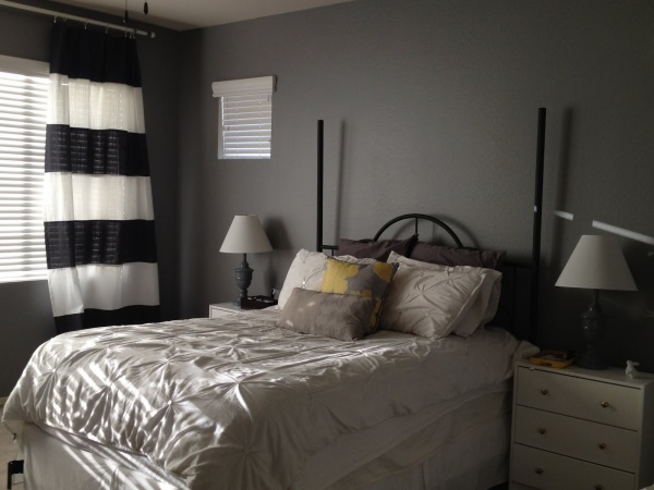 Bedroom,Impressive Modern Bedroom Color Scheme Design Ideas With Charming White Queen Bed And Beautiful White Japanese Sheet Also Cool Double White Wood Nightstand Table On Combined Nice Two Desk Lamp Plus Wonderful Black White Stripe Curtain For Warm Concept,Modern Bedroom Color Schemes
